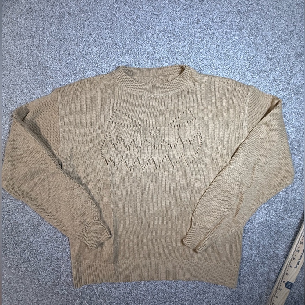 Tan Knit Fall Pumpkin Halloween Jack-o-lantern Face Sweater – Women’s Size Large